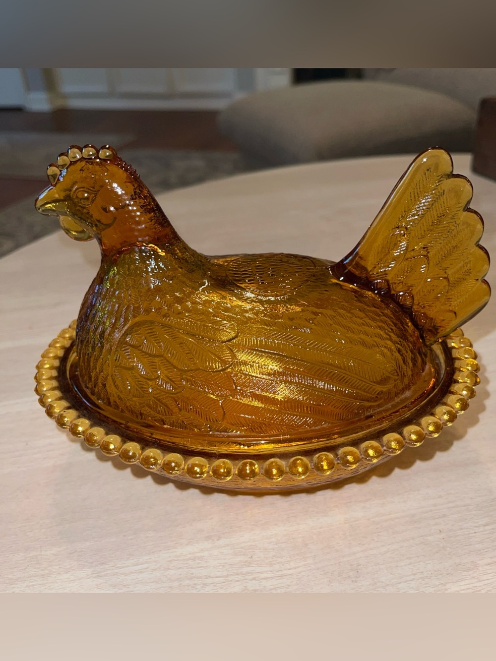 VTG HON Indiana Glass Hen On Nest Amber Candy Dish 7” Beaded Nest